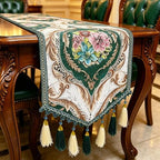 Damask Luxury Table Runner 120" Extra Long Green Chenille Floral Jacquard by HeMiaor