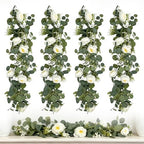 4-Pack Artificial Eucalyptus Garland with Flowers, Total 23.6FT 24 White Roses Baby's Breath Garland Floral Greenery for Wedding Party Centerpiece Table Runner Backdrop Wall Decor by Unknown