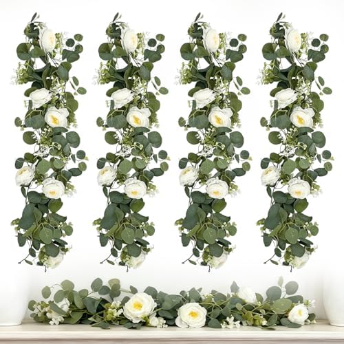 4-Pack Artificial Eucalyptus Garland with Flowers, Total 23.6FT 24 White Roses Baby's Breath Garland Floral Greenery for Wedding Party Centerpiece Table Runner Backdrop Wall Decor by Unknown