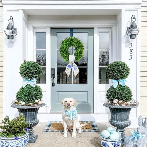 Boxwood Wreaths for Front Door Spring Summer Wreaths Farmhouse Hanger,Last Name Initial Year Round Porch Decor, Door Wreath with Personalized Monogram sash Embroidered -20 inch (D) - Image 3