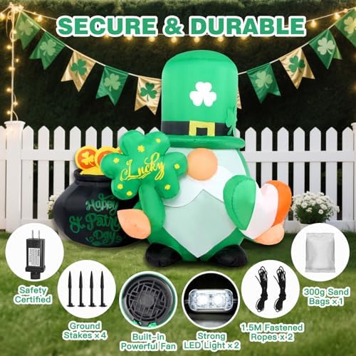 St Patricks Day Inflatables Outdoor Decorations, 4FT Inflatable Lucky Gnome Leprechaun with Shamrock, Pot of Gold & Irish Heart, LED Lights St. Patrick's Blow Up Yard Decor for Outside Garden Lawn - Image 6