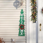 Glitzhome 42" H Wooden Welcome Christmas Tree Porch Sign with Berries Wreath Vertical Porch Sign in Xmas Tree Shape Farmhouse Hanging Sign Decorations for Front Door Wall Display - Image 3