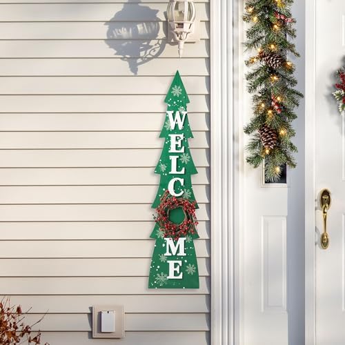 Glitzhome 42" H Wooden Welcome Christmas Tree Porch Sign with Berries Wreath Vertical Porch Sign in Xmas Tree Shape Farmhouse Hanging Sign Decorations for Front Door Wall Display - Image 3