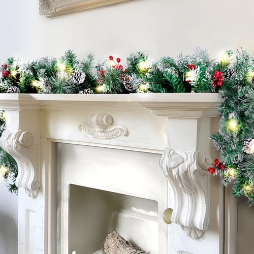 BlessedSeason 6FT Christmas Garland with Lights, Artificial Lighted Garland Indoor for Stairs, Fireplace, 30 Lights Green Garland, Cones & Red Berries & Pine Needle by Unknown
