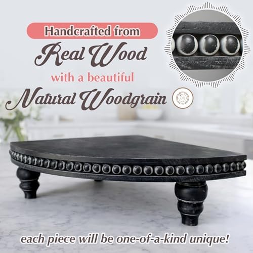 Corner Pedestal Stand Rustic Decor Riser for Display - Farmhouse Wood Rounded Beaded Tray for Kitchen and Bathroom Countertop Organizer, Coffee Bar, Plant Stand with Removable Feet (Rustic Black) - Image 2