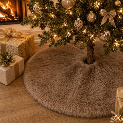 60 Inch Christmas Tree Skirt - Fluffy Faux Fur Light Brown Tree Skirt, Toka Colored Plush Xmas Holiday Decor for Parties, Small Round Tree Skirt - Image 4