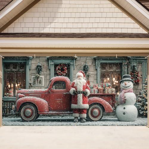 Vintage Truck Christmas Banner 16x7 Ft - Retro Santa and Snowman for 2 Car Garage Nostalgic Decor - Image 2