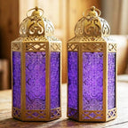 VELA LANTERNS 12" Metal Moroccan Decorative Candle Lantern Holders for Hanging or Table, Indoor Home Decor, Outdoor Patio or Porch, Weddings, Gold, Purple Glass, Large, Set of 2 - Image 2