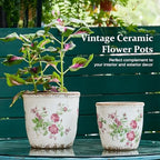Vintage Ceramic Planter with Drainage Hole, Plastic Tray & Mesh, 6.5 Inch - Indoor/Outdoor Flower Pot, Pink Floral Rustic Farmhouse Design Plant pot for Home, Office & Garden Décor, Ideal Gift - Image 3