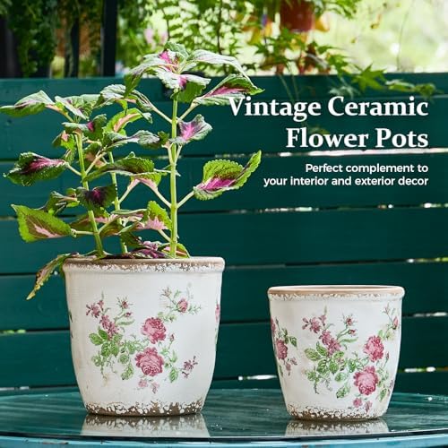Vintage Ceramic Planter with Drainage Hole, Plastic Tray & Mesh, 6.5 Inch - Indoor/Outdoor Flower Pot, Pink Floral Rustic Farmhouse Design Plant pot for Home, Office & Garden Décor, Ideal Gift - Image 3