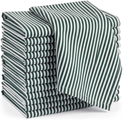 Mindsoft Set of 12 Christmas Green Striped Linen Cotton Napkin 18" x 18" by Mindsoft