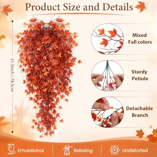 Daifunli 12 Pcs Artificial Fall Hanging Plants Fake Hanging Ferns Plastic Autumn Faux Plants for Wall Room Garden Garland Indoor Outdoor Decor No Basket (Maple Leaves) - Image 2