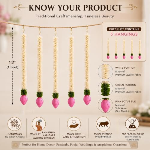 Divyakosh Garlands for Home Decoration, Lotus Hangings (Pack of 5 Latkan, Size 14 Inch Each) | Offwhite Fabric & Solawood Lotus Buds | Flower Garlands for Home Decoration | - Image 2