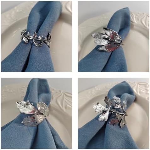 Bakayoyo Elegant Vintage Silver Herb Napkin Rings Set of 12 - Glossy Leaf Napkin Holders, Metal Table Adornment for Christmas, Thanksgiving, Weddings & Holiday Parties - Image 2