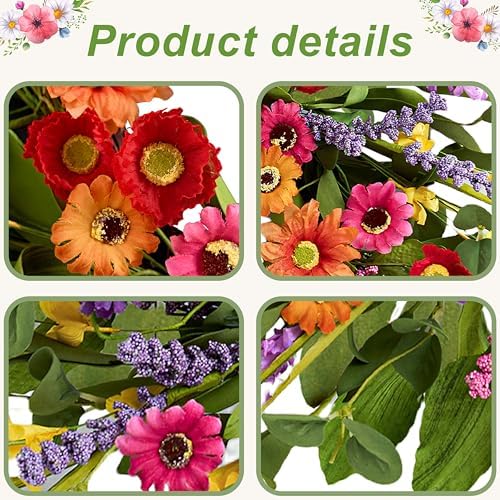 Artificial Spring Wreath 22 Inch Summer Wreaths for Front Door with Green Eucalyptus Leaves Pink Daisy Lavender Spring Door Wreath for Farmhouse Wall Wedding Home Porch Easter - Image 5