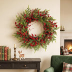 24" Christmas Wreaths for Front Door with Norfolk Pine Xmas Needle Red Berry for Winter Holiday Window Porch Wall Indoors Outdoor - Image 6