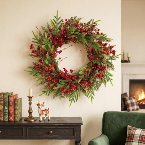 24" Christmas Wreaths for Front Door with Norfolk Pine Xmas Needle Red Berry for Winter Holiday Window Porch Wall Indoors Outdoor - Image 6