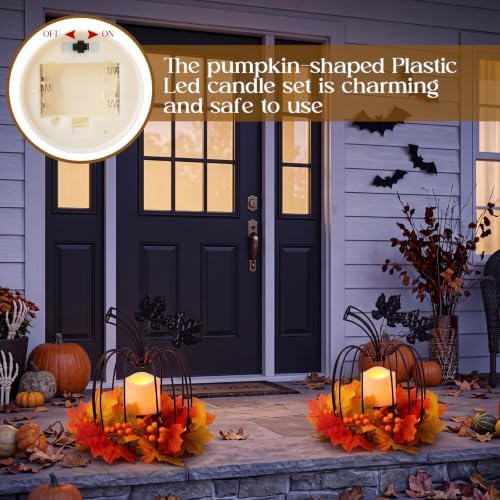 2 Pcs Fall Metal Pumpkin Candle Holder Decor with LED, 11.5 in, Black - Image 6