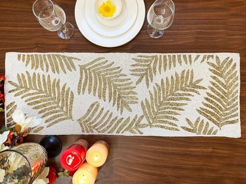 Enliven Handmade Gold Leafs Beaded Table Runner, 13x36 Inches Lightweight Decorative Table Runner, Perfect for Dining/Wedding/Party/Everyday Use & Easy to Clean, Elegant Beaded Runner by Enliven