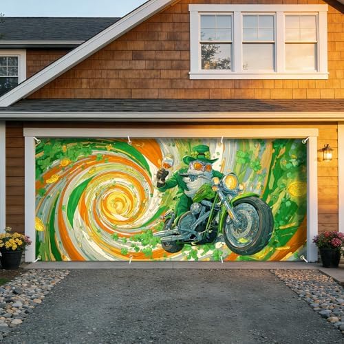 6x13 FT St. Patrick's Day Garage Door Banner - Leprechaun Biker & Green Swirl Backdrop, Large Indoor Outdoor Garage Door Cover,Holiday Decoration for Home,Yard,Motorcycle Theme Party - Image 7