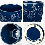 Hollyone 6 Inch Blue Ceramic Planter Flower Plant Pot with Drainage Hole and Saucer for Plants Embossed Indoor Outdoor Garden Embossed Ceramic Glazed Round Pot for Succulent Orchid Floral Pattern - Image 3