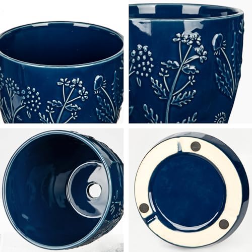 Hollyone 6 Inch Blue Ceramic Planter Flower Plant Pot with Drainage Hole and Saucer for Plants Embossed Indoor Outdoor Garden Embossed Ceramic Glazed Round Pot for Succulent Orchid Floral Pattern - Image 3
