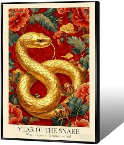 Chinese Lunar Year of the Snake Golden Art Print – Traditional Oriental Home Decor Red Peony & Cloud Pattern Zodiac Wall Decor for Apartment Bedroom Living Room Office 16X24 in Wrapped Framed by Unknown