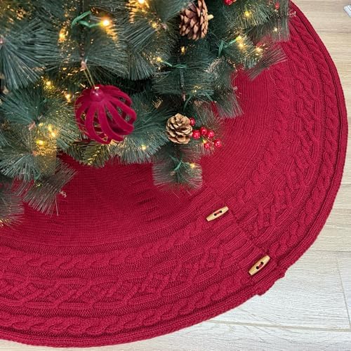 60-Inch Cable Sweater Knit Christmas Tree Skirt with Wooden Toggles, Burgundy by StarryDynamo