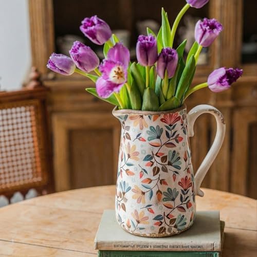 Vintage Colorful Flower Ceramic Vase with Handle, Retro Ice Glazed Crack Farmhouse Pitcher Vase for Home Decor, Living Room, Shelf, Office, Rustic Table Centerpiece 9 Inch by TEWEIQI
