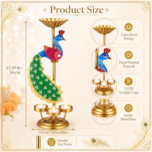 LemonRoad 2pcs Diwali Peacock Tealight Candle Holder, Brass Diya Lamp - Image 2