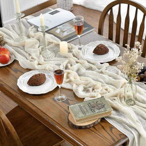 Artoid Mode Boho Beige Gauze 6 Pieces Wedding Table Runner, 120 Inch Birthday Fabric Kitchen Dining Holiday Table Decor for Home Party Indoor - Image 4