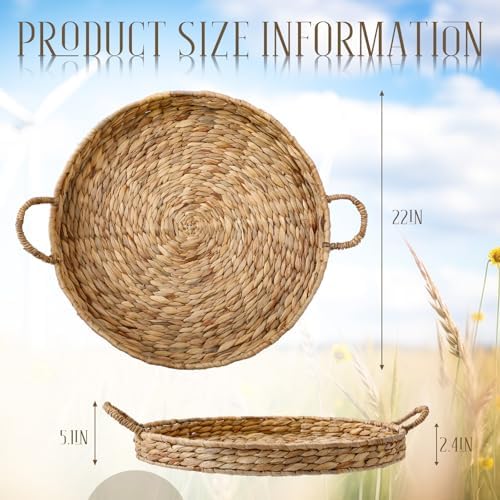 Round Woven Hyacinth Serving Tray with Handles Rattan Decorative Storage Basket for Fruit Arts Crafts Breakfast Coffee Table Dining, 1.97 x 21.65 Inches - Image 2