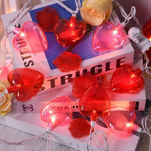 12Ft Red Pink Heart String Lights, Valentine's Day Decorations Lights Outdoor Waterproof with 20 LED Clear Heart Light with Glitter for Home Door Fireplace Windows Fence Valentines Day Party Decor - Image 4