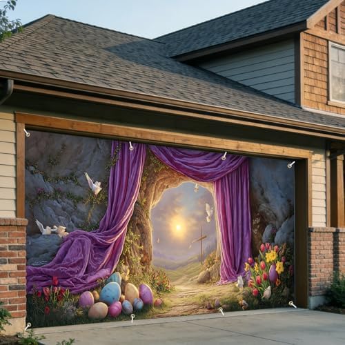 6x13 FT Easter Resurrection Garage Door Banner -Cross & Sunrise Scene with Purple Curtain,Large Indoor Outdoor Garage Door Cover, Holiday Decoration for Home, Yard, Church Event - Image 4