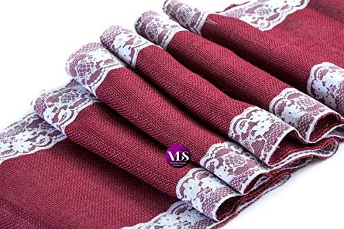 VDS Pack of 20, Burlap Table Runner with White Lace Edge, 100% Natural Jute Rustic Hessian Table Cloth Centerpiece for Wedding Birthday Party Banquet Table Decoration (Size 12X108 Inch)(Maroon) - Image 2