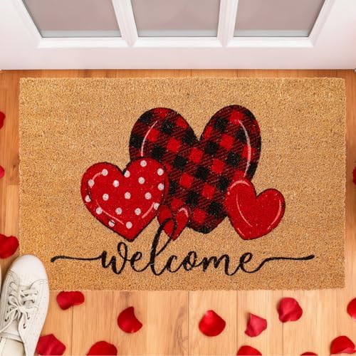 Whaline Valentine' s Day Doormat Natural Coir Welcome Floor Mat Plaid Dot Love Heart Rectangle Entrance Door Rug for Indoor Outdoor Home Bathroom Decor, 16.5 x 29 Inch - Image 6