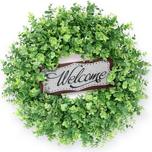 26" Artificial Eucalyptus Wreath with Welcome Sign for Front Door(Green) by GLIDLION