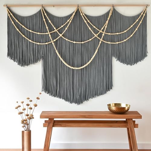 Large Macrame Wall Hanging Grey Boho Wall Art Beaded Decor 57"W*39"L - Image 3