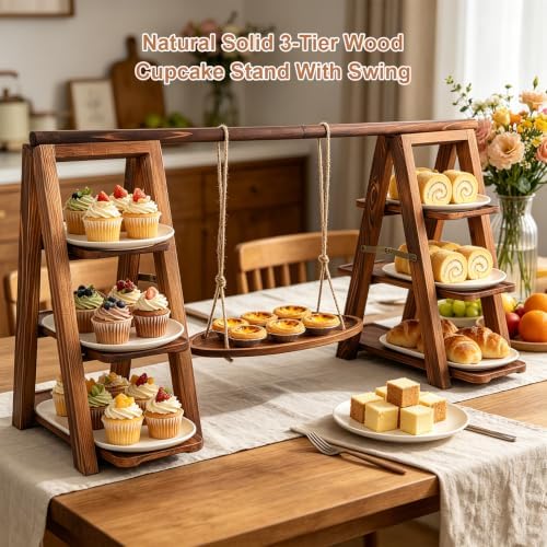 3 Tier Swing Wooden Cupcake Stand, Foldable Removable Serving Platter Tray - Image 2