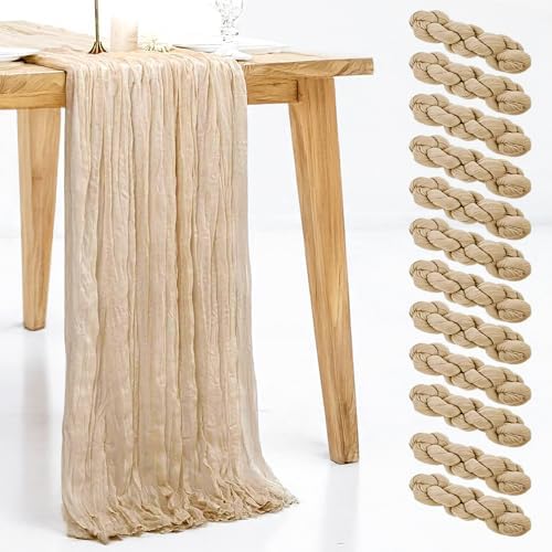 12 Pack Beige Cheesecloth Table Runner, 35x120 Inch Summer Gauze Cheese Cloth Table Runners 10 FT Beige Table Runner for Wedding Baby Shower Birthday Party Table Decors by PWDAN