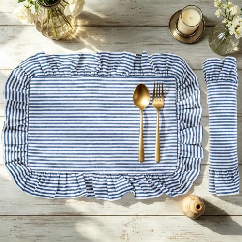 Whaline Vintage Blue Cotton Placemats with Ruffle Stripe Kitchen Place Mats for Birthday Party Home Dining Table Decor, Set of 6, 14.5 x 19.7 in by Whaline