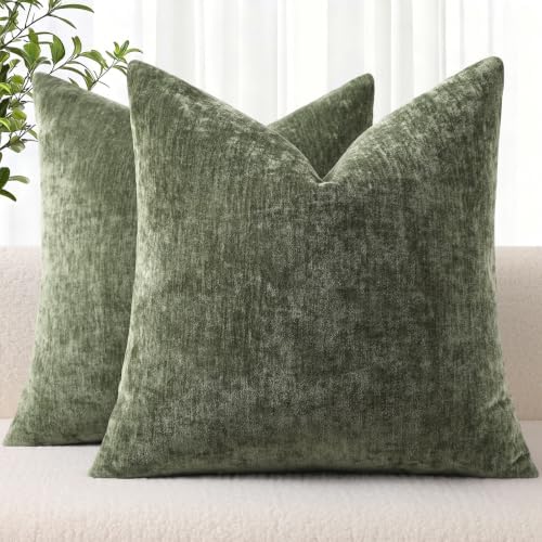 decorUhome Fall Chenille Dark Olive Green Throw Pillow Covers 26x26 Inch Set of 2, Decorative Soft Couch Pillow Covers Solid Dyed Accent Euro Sham Farmhouse Neutral Square Pillow Cases for Sofa by decorUhome