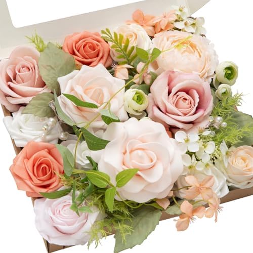 Ling's moment Fake Flowers Box, Faux Artificial Greenery Stems Foam Roses Gardenia Silk Peony Ranunculus Fabic Flower for Centerpieces Bouquet Wedding Vase Decorations, Garden Blush, Grand Combo by LingsMoment