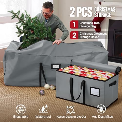 Hatisan 2Pcs Christmas Tree Storage Bag for 7.5ft Artificial Trees with Christmas Ornament Storage Box, Sturdy Waterproof Material, Zippered Bag, Stitched Reinforced Carry Handles(Grey, 7.5 ft) - Image 3