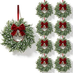 8 Set Christmas Hanging Wreaths Small Snow Flocked Artificial Cedar Wreaths with Red Velvet Ribbon Bronze Bells Mini Faux Greenery Wreath for Front Door Porch Cabinet Window Xmas Holiday Decorations by Unknown