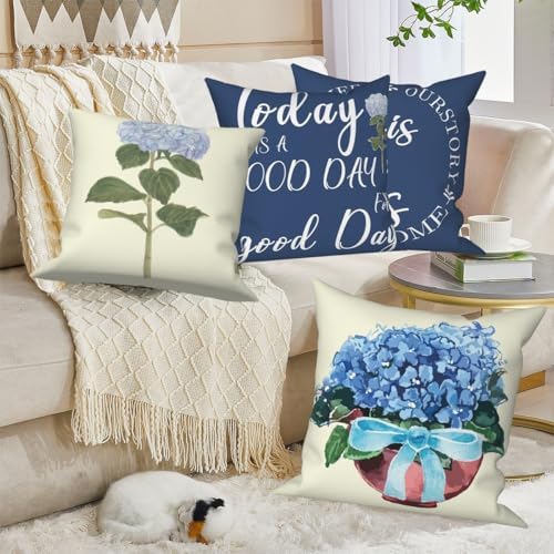 Blue Flowers Throw Pillow Covers 24"x24" Set of 4, Spring Outdoor Pillow Covers Home Decorative Floral Printed Cushion Covers for Couch Sofa Bedroom Farmhouse Livingroom Garden Patio Car - Image 5