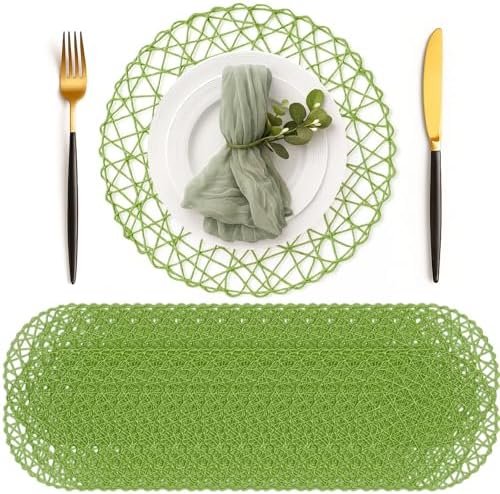 Geosar Round Woven Placemats Bulk Rustic Paper Braided Placemats Boho Natural Non Slip Heat Resistant Table Mats for Wedding Party, Dinner Table Centerpiece Decoration, 13 Inch (Green,24 Pcs) by Geosar