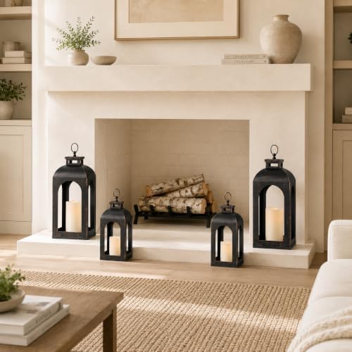 LED Lantern Decorative Outdoor&Indoor, Set of 4 (17’’&13’’) Black Metal Lanterns Decor, Vintage Hanging Candle Holder for Home Porch Wedding Halloween Christmas Decorations Battery Powered - Image 2