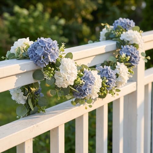 Artificial Hydrangea Flower Garland with Eucalyptus & Baby’s Breath 2PCS 6FT Floral Vines Greenery Garland for Mantel Wedding Arch Table Centerpiece Coastal Home Outdoor Decor (2, Dusty Blue & White) - Image 4