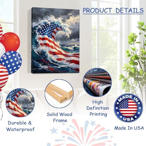 July 4th Patriotic Canvas Wall Art 4th of July USA Decorations American Flag Ocean Waves Abstract Picture Wall Decor Independence Day Home Decor 24x36in - Image 4